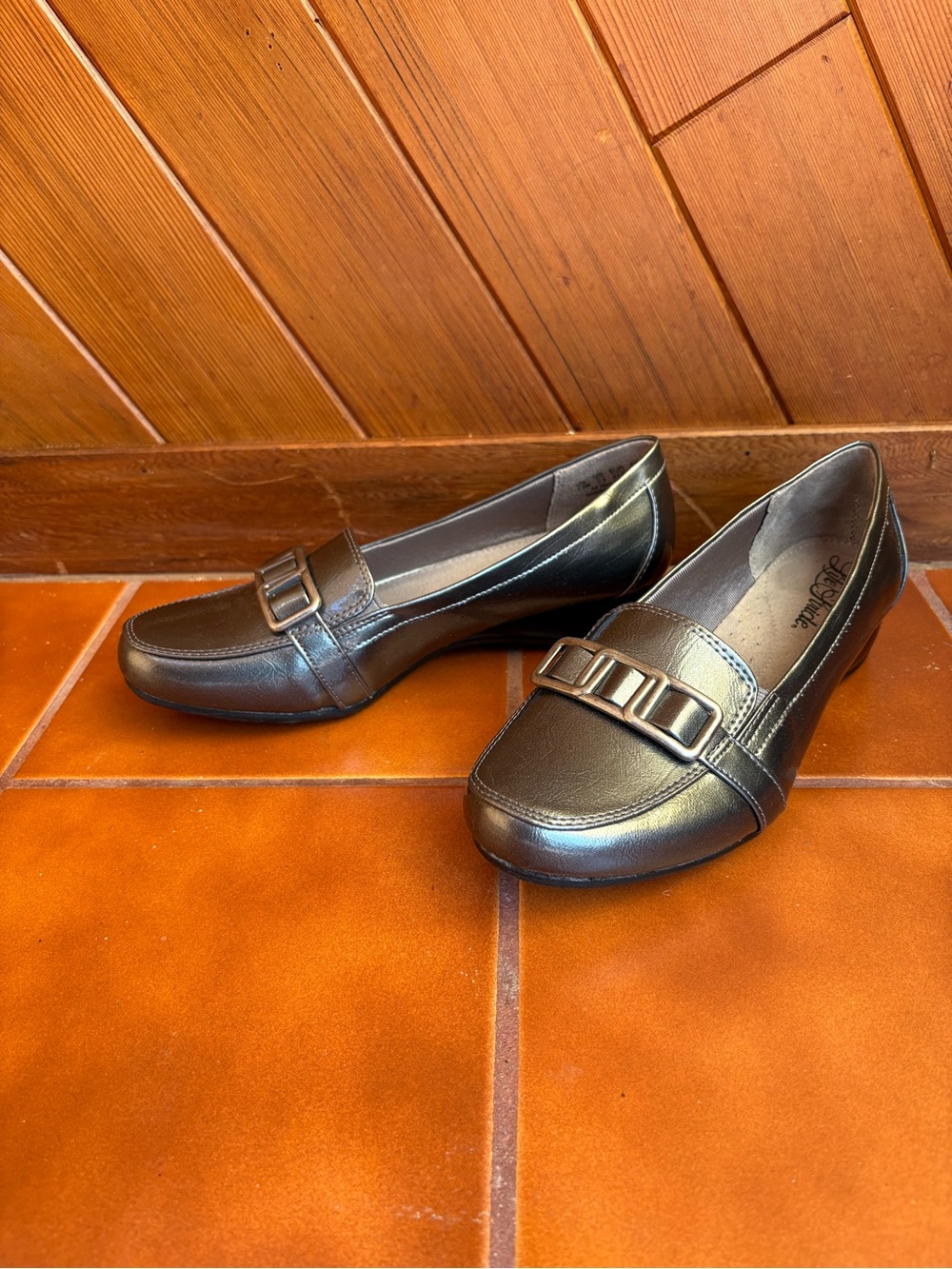 Life Stride Metallic Bronze Slip-On Loafers with Buckle Detail